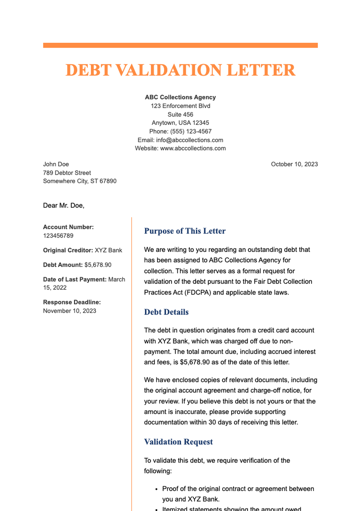 Free debt assignment letter template with orange header_variant_1